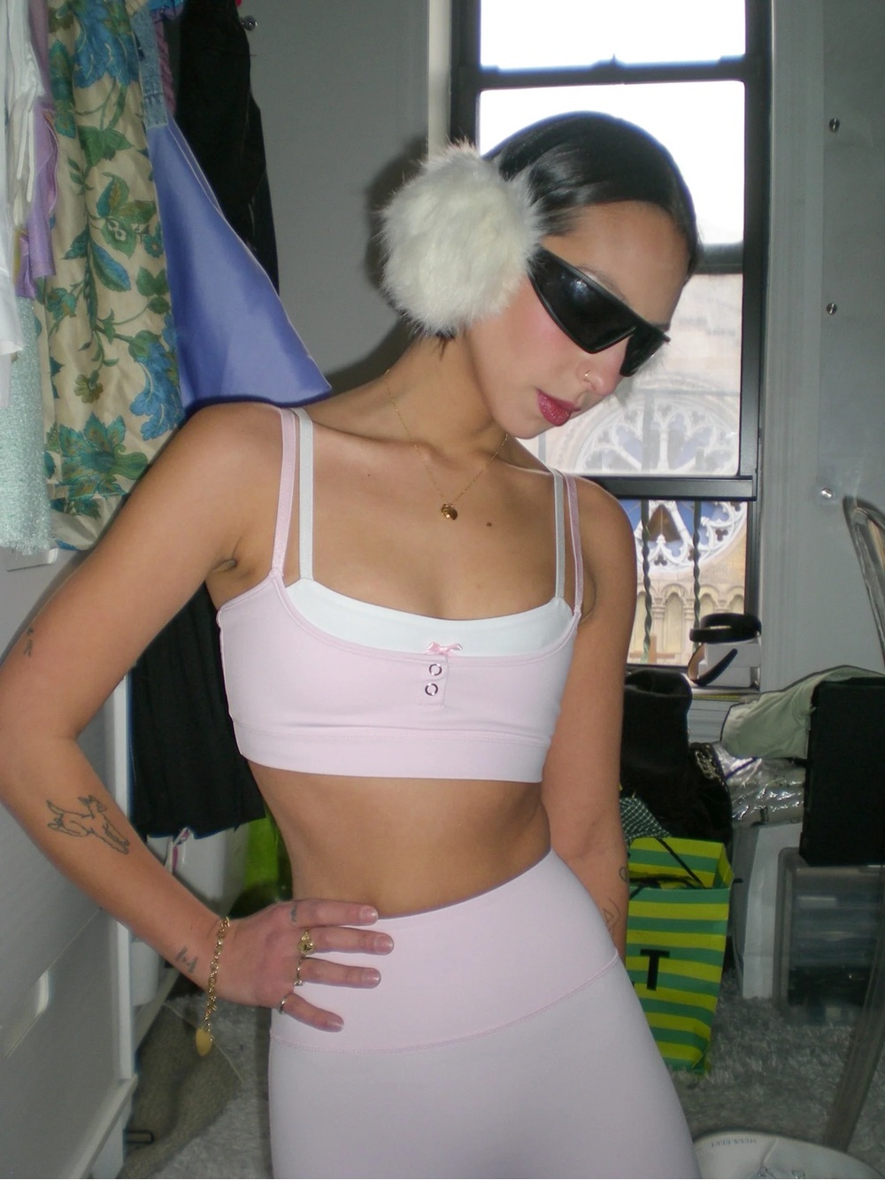 Pink sports bra with bow coquette cute activewear double layer